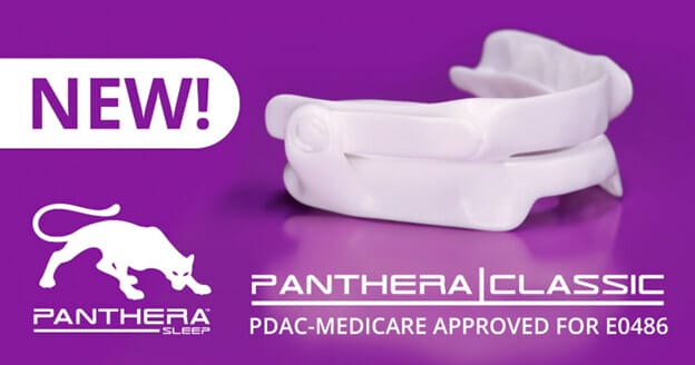Promotional image of the Panthera Classic sleep device, a white mandibular advancement oral appliance approved for Medicare
