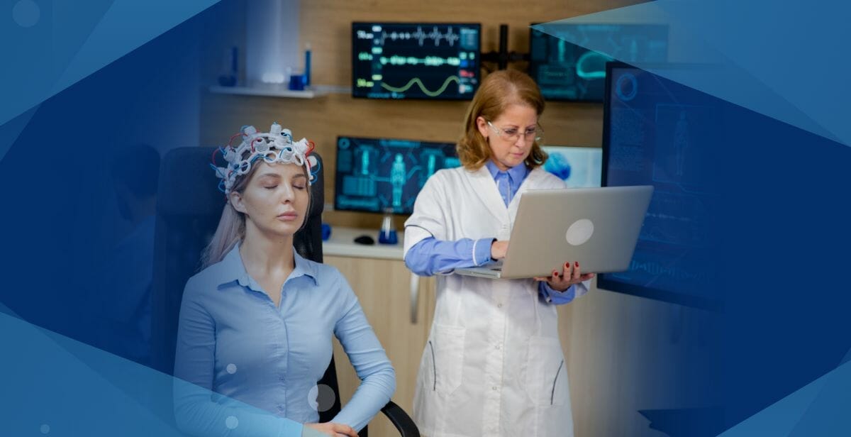 woman with sleep study brain machine on her head