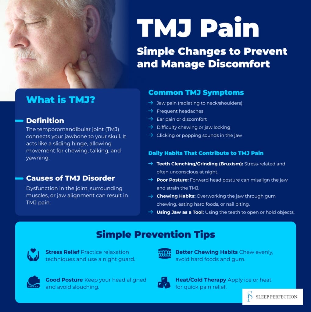 Infographic titled 'Prevent and Manage TMJ Pain: Simple Changes for Relief.' It includes five sections: 1) Explanation of the temporomandibular joint (TMJ) and how disorders arise. 2) Common TMJ symptoms such as jaw pain, headaches, ear discomfort, difficulty chewing, and clicking sounds. 3) Daily habits contributing to TMJ pain, including teeth grinding, poor posture, chewing habits, and using the jaw as a tool. 4) Simple prevention tips such as stress relief techniques, maintaining good posture, improving chewing habits, and using heat or cold therapy for relief. 5) A note on when to seek professional help for persistent pain or severe symptoms.