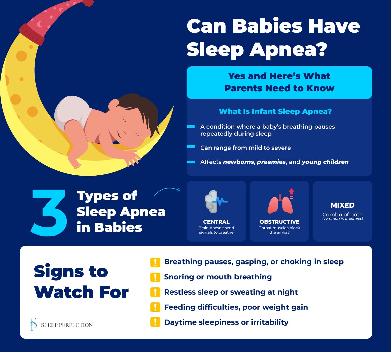 An educational infographic explains the types and signs of sleep apnea in babies, using graphics and text for parents