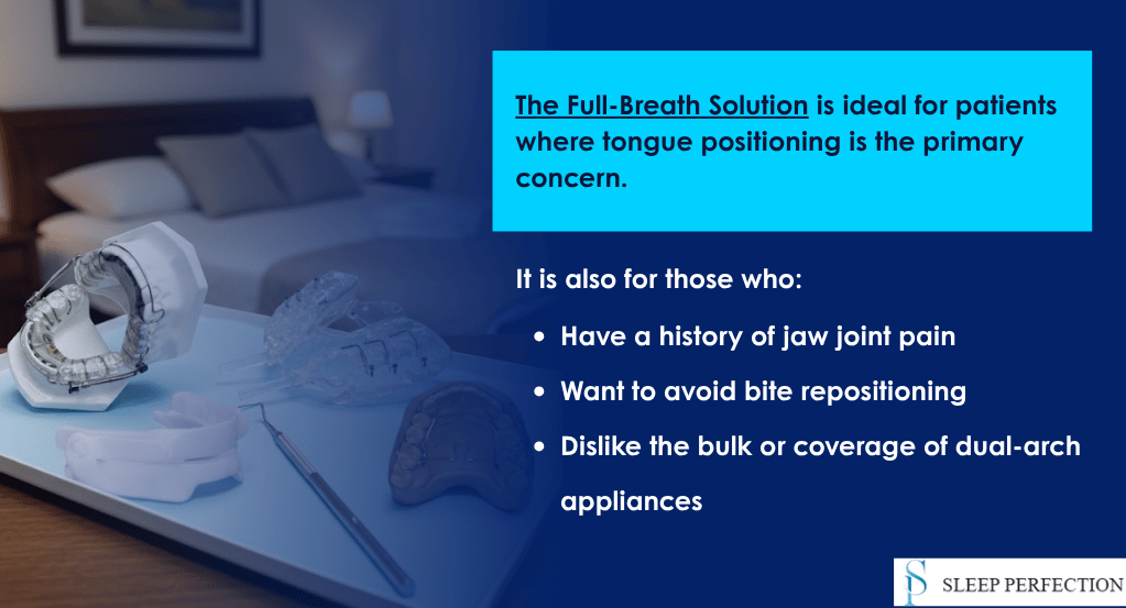 Infographic showing who the Full-Breath Solution is ideal for, including sleep apnea and snoring patients