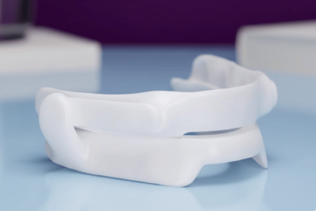 Close-up view of a mandibular advancement device for sleep apnea