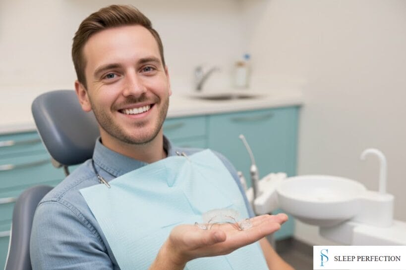 Smiling man sitting in a dental chair holding the Open Loop Cricket sleep apnea device.